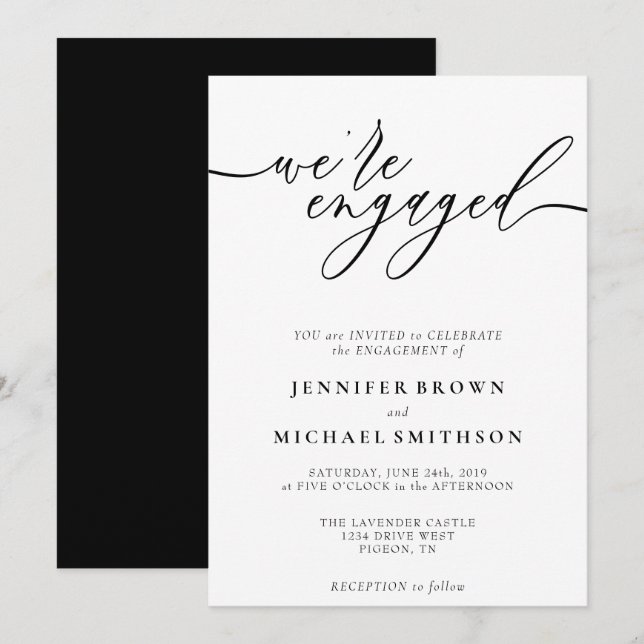 Minimal black white Modern Engagement Invitation (Front/Back)