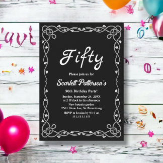 Minimal Black & White Modern Floral 50th Birthday Invitation