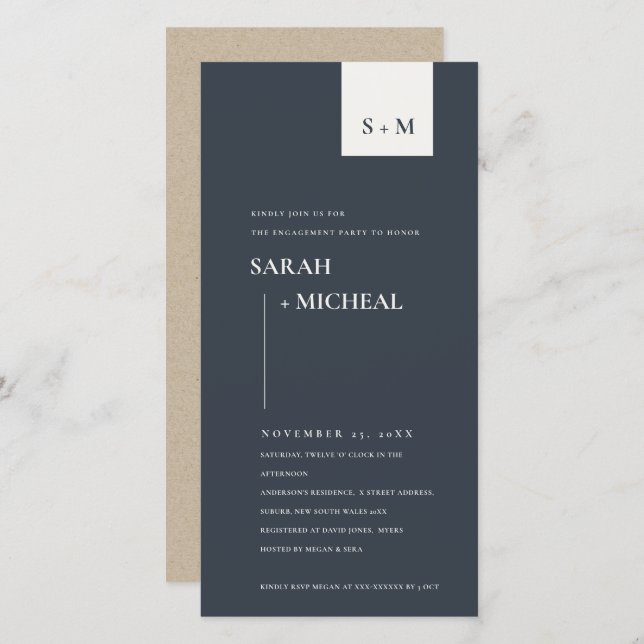 MINIMAL BLACK & WHITE MONOGRAM ENGAGEMENT INVITE (Front/Back)