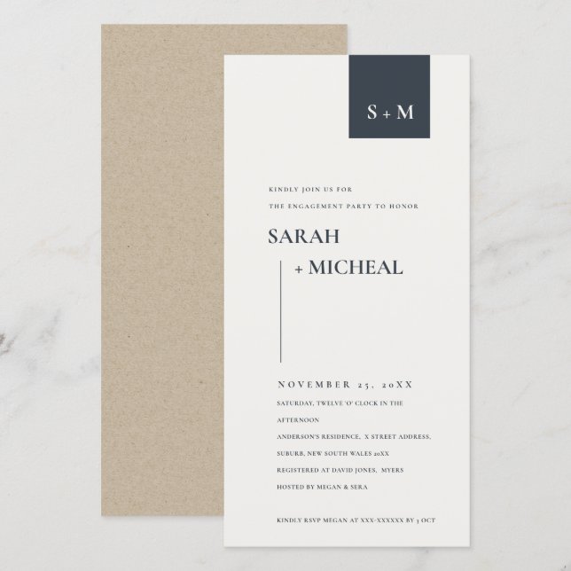 MINIMAL BLACK & WHITE MONOGRAM ENGAGEMENT INVITE (Front/Back)