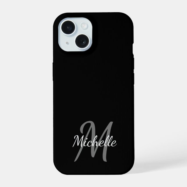 Minimal Black & White Monogram Name + Initial iPhone 15 Case (Back)