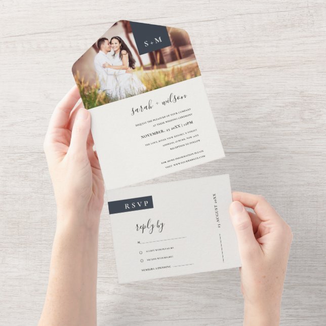 MINIMAL BLACK WHITE MONOGRAM WEDDING PHOTO ALL IN  ALL IN ONE INVITATION (Tearaway)