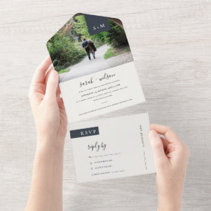 MINIMAL BLACK WHITE MONOGRAM WEDDING PHOTO ALL IN  ONE INVITATION