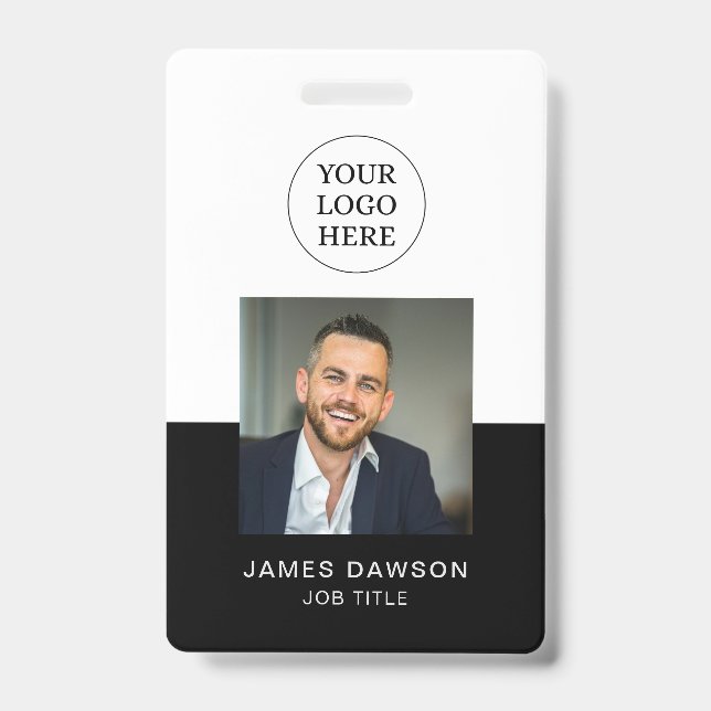 Minimal Black & White Office Employee Photo ID QR Badge (Front)