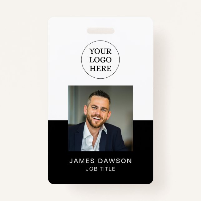 Minimal Black & White Office Employee Photo ID QR ID Badge (Front)