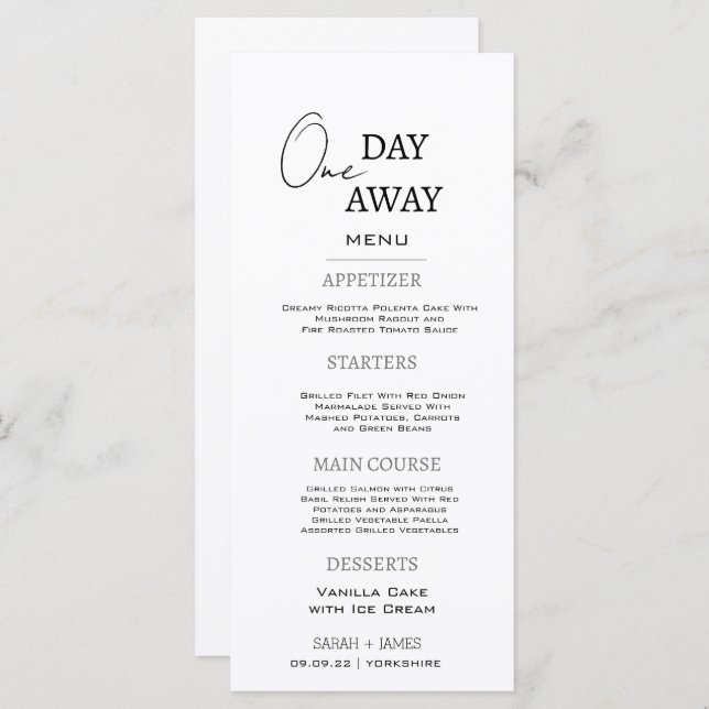 Minimal Black White One Day Away Rehearsal Dinner Menu (Front/Back)