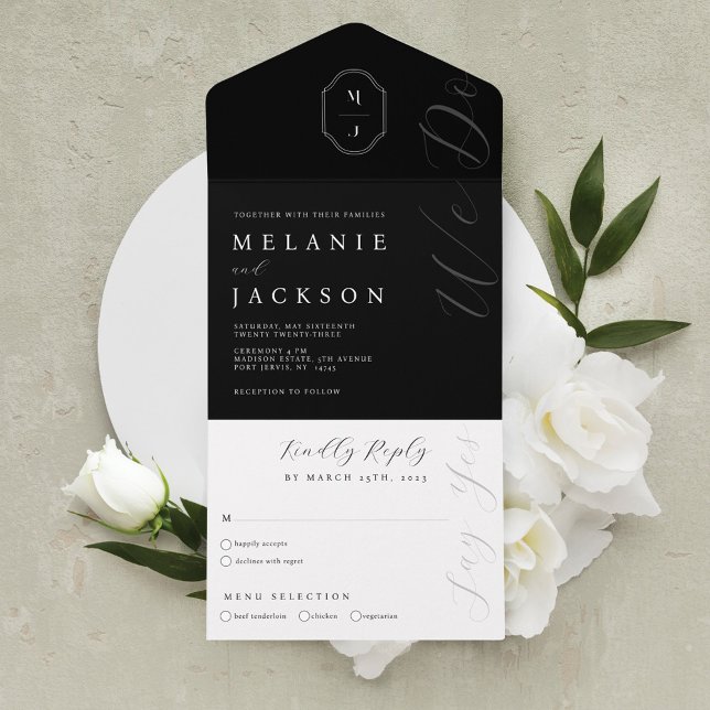 Minimal Black & White Personalised Monogram Crest All In One Invitation (Minimal Black & White Personalized Monogram Crest All In One Invitation)