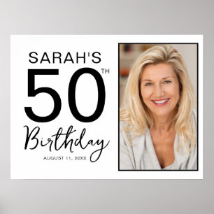 Minimal Black White Photo 50th Birthday Party Poster