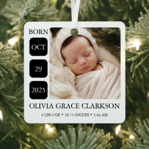 Minimal Black & White Photo Birth Stats Ornament