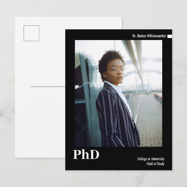 Minimal Black White Photo PhD Graduation Announcement Postcard (Front/Back)