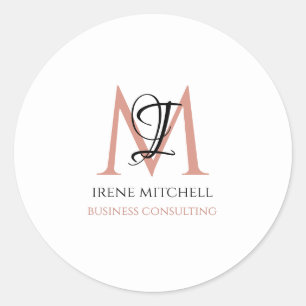 Minimal Black White Rose Gold Monogram Name Classic Round Sticker