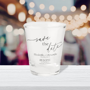 Minimal Black & White Script Fancy Save the Date Shot Glass