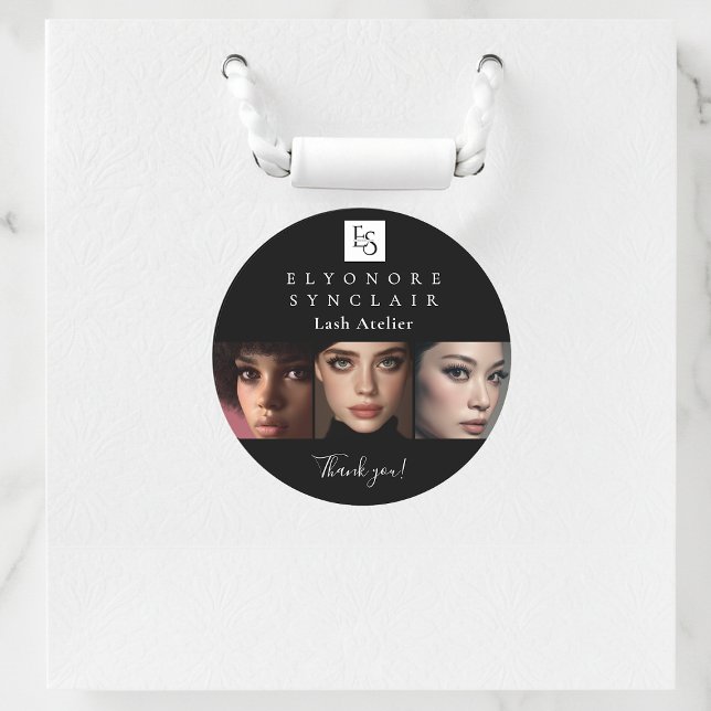 Minimal Black White Script Lash Photo Logo Classic Round Sticker (Creator Uploaded)