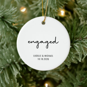 Minimal Black White Script Photo Engagement Ceramic Tree Decoration