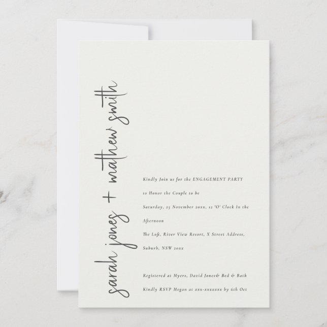 Minimal Black White Script Typography Engagement Invitation (Front)