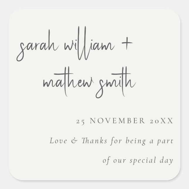 Minimal Black White Script Typography Wedding Square Sticker (Front)