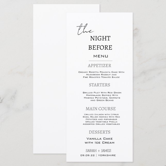 Minimal Black & White The Night Before Wedding  Menu (Front/Back)