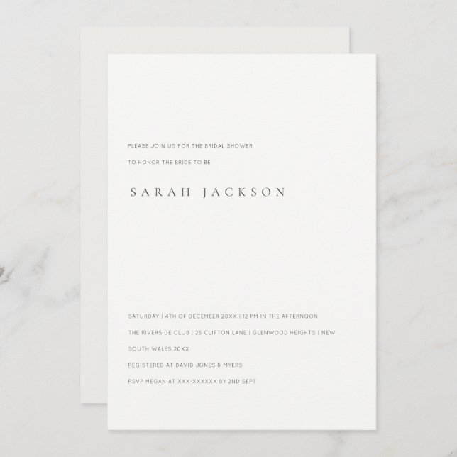 Minimal Black & White Typography Bridal Shower Invitation (Front/Back)