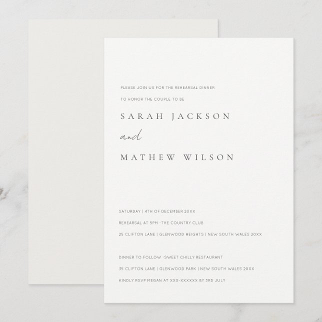 Minimal Black & White Typography Rehearsal Dinner Invitation (Front/Back)