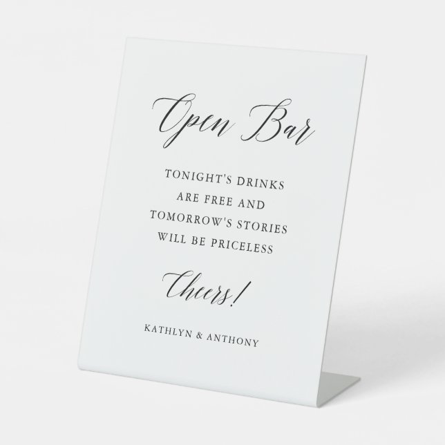 Minimal Black & White Wedding Open Bar Pedestal Sign (Front)