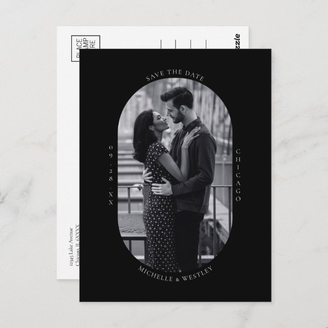 Minimal Black & White Wedding Photo Save the Date Postcard (Front/Back)
