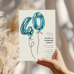 Minimal Blue 40 Balloon 40th Birthday Party Invitation