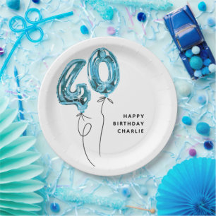Minimal Blue 40 Balloon 40th Birthday Party Paper Plate