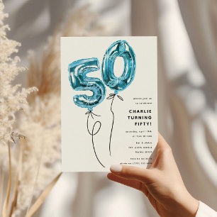 Minimal Blue 50 Balloon 50th Birthday Party Invitation