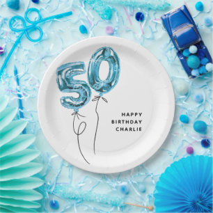 Minimal Blue 50 Balloon 50th Birthday Party Paper Plate