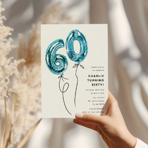 Minimal Blue 60 Balloon 60th Birthday Party Invitation