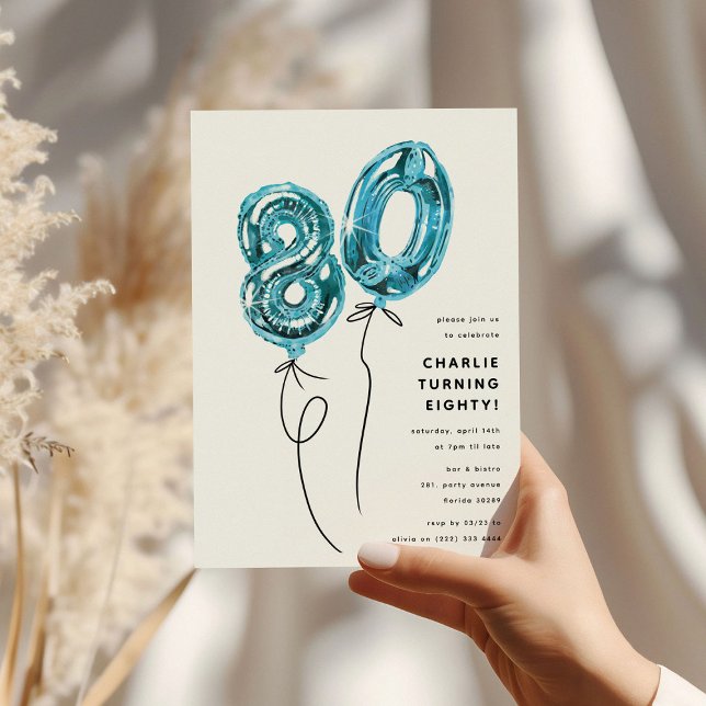 Minimal Blue 80 Balloon 80th Birthday Party Invitation (Creator Uploaded)