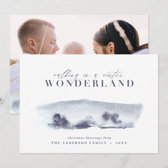 Minimal blue abstract watercolor Christmas 1 photo Holiday Card (Front/Back)