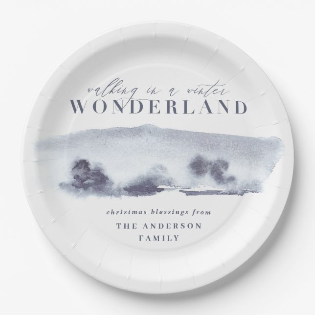 Minimal blue abstract watercolor Christmas party Paper Plate (Front)