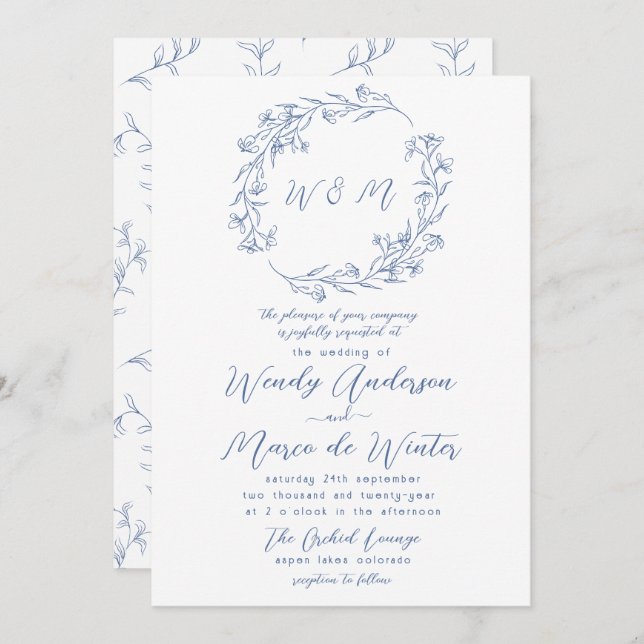 Minimal Blue and White Boho Botanical Wedding Invitation (Front/Back)