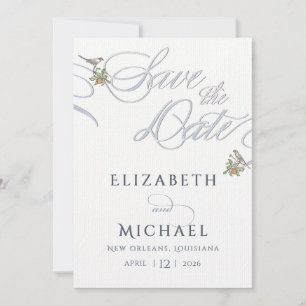 Minimal Blue and White Love Birds Save The Date Invitation