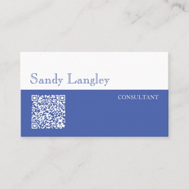 Minimal Blue And White QR Code Business Card (Front)
