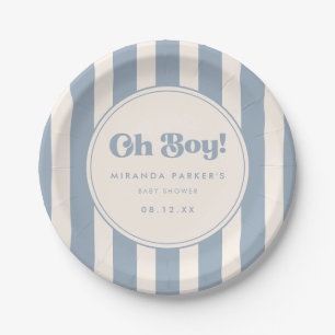 Minimal Blue & Beige "Oh Boy!" Striped Baby Shower Paper Plate