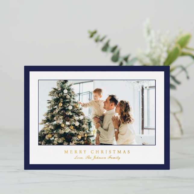 Minimal Blue Border Photo Elegant Christmas Foil Holiday Card (Standing Front)