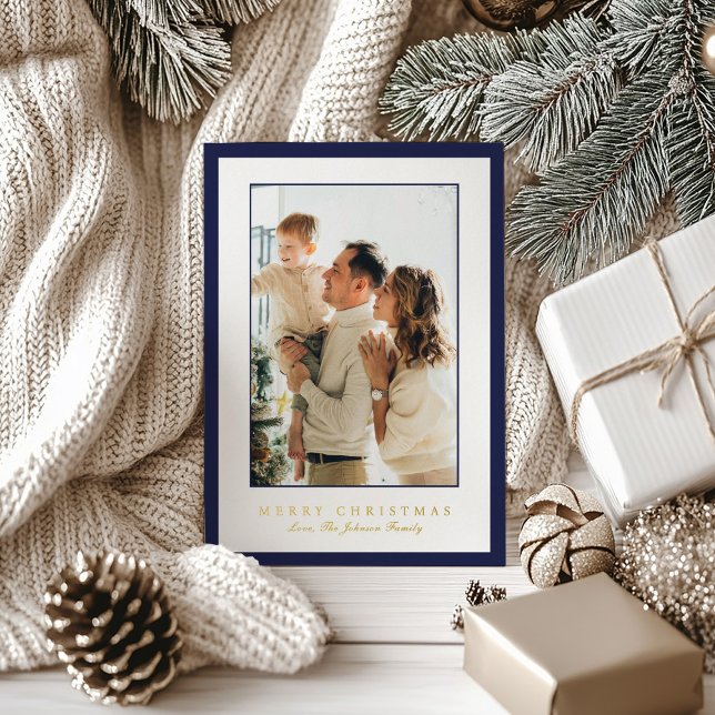 Minimal Blue Border Photo Elegant Christmas Foil Holiday Card (Creator Uploaded)