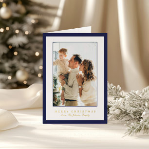 Minimal Blue Border Photo Elegant Christmas Foil Holiday Card