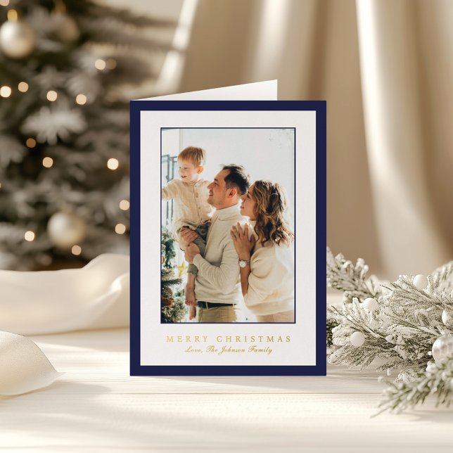 Minimal Blue Border Photo Elegant Christmas Foil Holiday Card (Creator Uploaded)