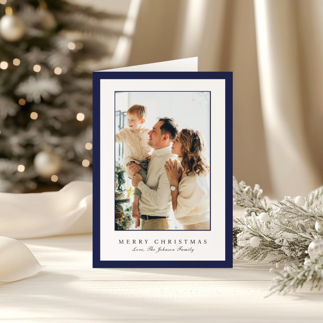 Minimal Blue Border Photo Elegant Christmas Holiday Card (Creator Uploaded)