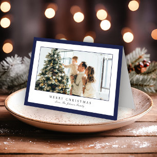 Minimal Blue Border Photo Elegant Christmas Holiday Card