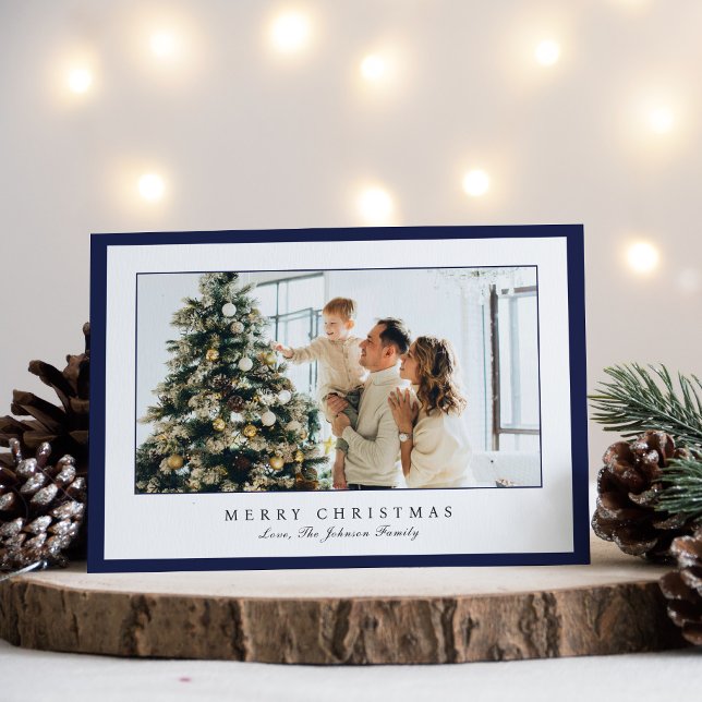 Minimal Blue Border Photo Elegant Christmas Holiday Card (Creator Uploaded)