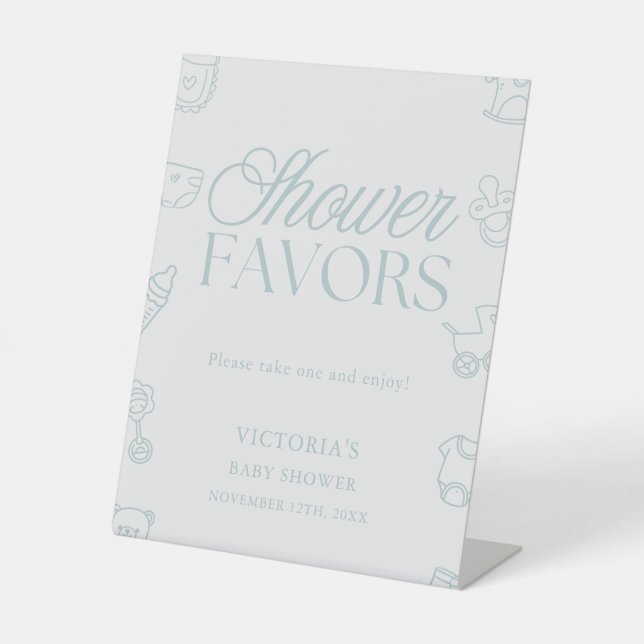 Minimal Blue Boy Baby Shower Favors Pedestal Sign (Front)