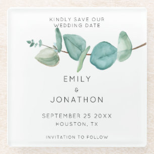 Minimal Blue Eucalyptus Keepsake Save The Date Gla Glass Coaster