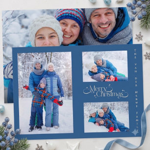 Minimal Blue Family Four Photo Merry Christmas Holiday Card
