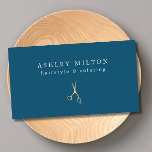 Minimal Blue Faux Gold Scissors Hair Stylist Business Card