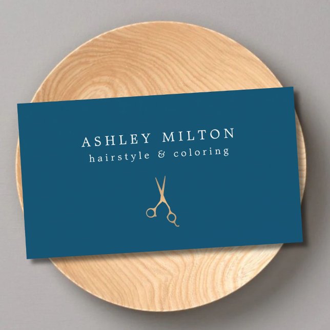 Minimal Blue Faux Gold Scissors Hair Stylist Business Card (Creator Uploaded)