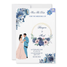 Minimal Blue Floral with Wedding Couple 